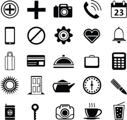 Fototapeta premium A collection of black and white icons representing various common objects and concepts including a plus sign camera phone and calendar isolated on transparent background