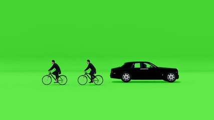 A black luxury car and two businessmen on bicycles on a green screen. This versatile asset is ideal for easy keying, usable for contrasting themes like eco-friendly travel vs. luxury, or corporate - Powered by Adobe