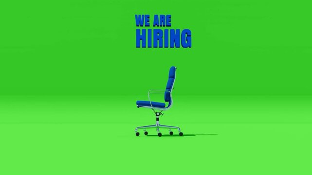 A blue office chair and "We Are Hiring" text on a green screen. Ideal for easy chroma keying and compositing, usable for job advertisements, recruitment campaigns, and corporate videos.