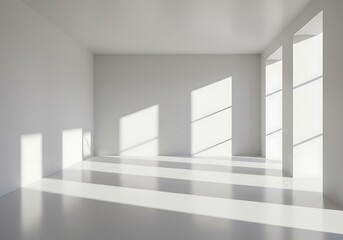Empty white room with sunlight streaming through windows, casting shadows on the floor and walls.