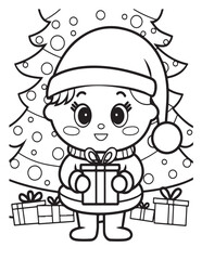 Obraz premium Cute kawaii Christmas Coloring Pages For Kids, Christmas illustration, Vectors line art, printable coloring pages, Christmas elements, winter, Christmas holiday
