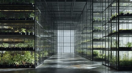 A long, indoor greenhouse with rows of glass-enclosed shelves filled with various plants, a concrete floor, and a bright light source at the far end