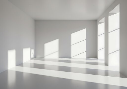 Empty white room with sunlight streaming through windows, casting shadows on the floor and walls.