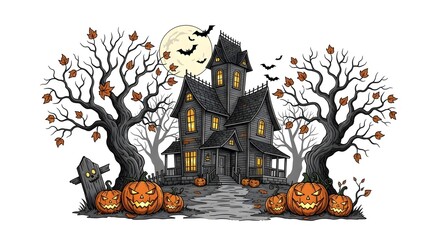 Spooky pixelated illustration featuring a haunted house illuminated by warm light under a full moon. Black trees frame the scene with scattered orange leaves and carved pumpkins.