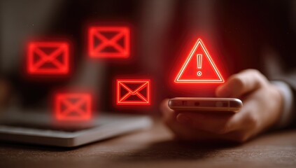 Red alert email icons appear on phone