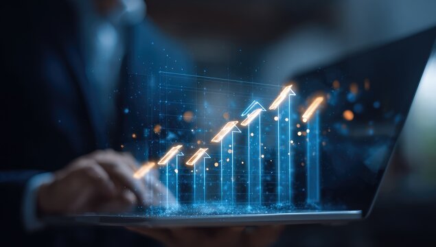 Businessperson using laptop with upward trending graph