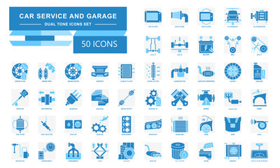 Car Service And Garage dual tone icons set. contain air filter, alignment, alternator, axle, battery, belt, oil filter, engine and more. Vector for modern concept, UI, UX, web and app development.
