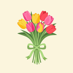 Colorful Tulip Bouquet With Green Ribbon Bow