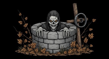 Spooky skeletal figure emerging from a weathered brick well. Brown leaves and a wooden cross surround the well. Dark background emphasizes the eerie atmosphere. Pixelated style.