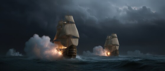 Naval battle with pirate ships on stormy sea engaging in cannon fire