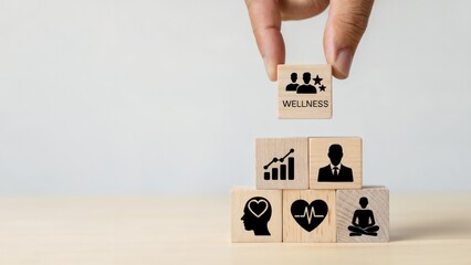 Wooden cubes illustrate wellness, health, and mindful lifestyle