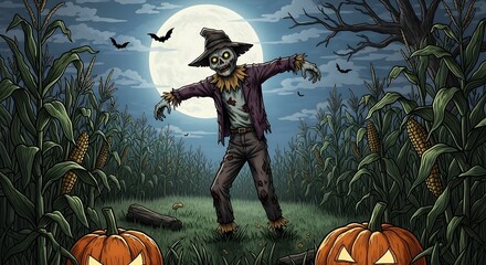 A spooky pixel art scene featuring a scarecrow in a cornfield illuminated by a full moon and pumpkins. Halloween theme with bats and eerie atmosphere.