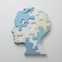 Profile of a head constructed from pastel-colored puzzle pieces