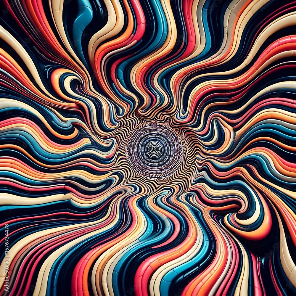 Poster colorful abstract flow art with swirling patterns radiates from a central core and creates a dynamic