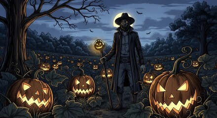 Pixelated illustration of a figure in a pumpkin patch at night under a full moon creating a spooky atmosphere