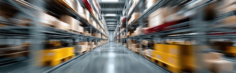 A motion-blurred image depicting a long warehouse aisle filled with high shelves stacked with numerous cardboard boxes, suggesting a fast-paced logistical operation