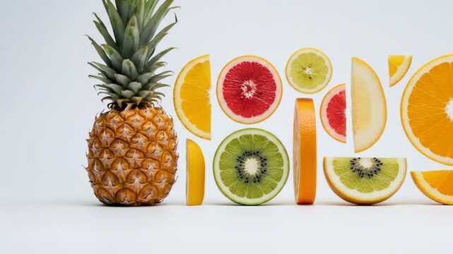 Sliced Citrus Fruits and Pineapple Arranged in a Row on White Background Video