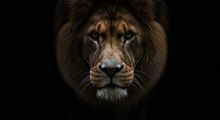 Naklejka premium Majestic lion portrait with intense gaze and darkened background, highlighting the strength and