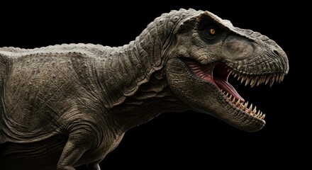 Majestic tyrannosaurus rex portrait showcasing detailed skin texture and sharp teeth in a dark