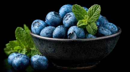 A dark bowl brimming with plump blueberries, adorned with fresh mint sprigs, is set against a stark black backdrop.  The glistening berries and leaves suggest freshness and juiciness