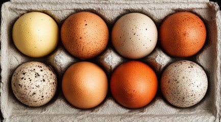 Top-down view of eight diversely colored eggs nestled in a cardboard carton. The eggs exhibit variations in shades of brown, tan, and speckled patterns