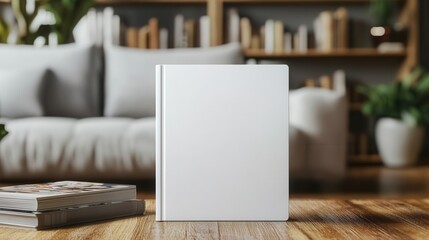 Blank hardcover book cover mockup on blurred background 