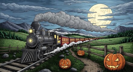 Pixelated illustration of a steam train traveling through a landscape at night with pumpkins along the path and a full moon in the sky