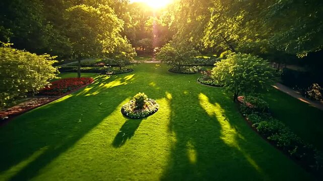 Sun-Kissed Green Serenity: A Lush Parkscape with Trees and Manicured Lawns at Sunset