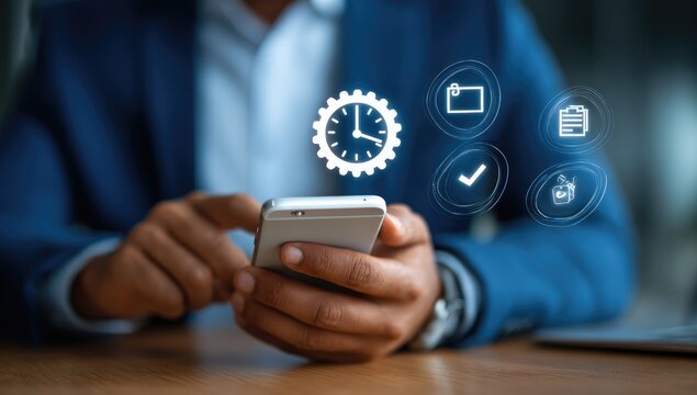 Close-up of person using phone with task icons