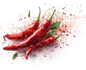 Vibrant red chili peppers, glistening with moisture, are artfully arranged against a stark white backdrop. Crushed red pepper flakes burst outwards, creating a dynamic, spicy visual
