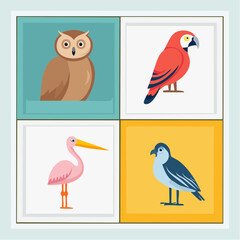 Naklejka premium Collection of four birds including an owl, parrot, heron, and sparrow