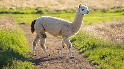 A white alpaca walking along a dirt path in grassy surroundings