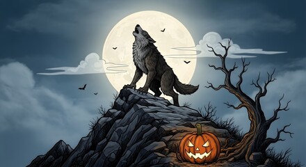 Pixelated illustration of a howling animal atop a rocky peak with a full moon background. Includes a carved pumpkin and barren tree under a cloudy night sky.  Evokes a spooky Halloween ambiance.