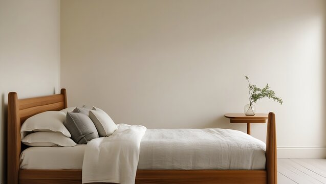 A simple bedroom with a wooden bed frame and a small table with a plant on top of it near the bed