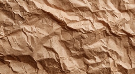 Obraz premium Close-up of a textured, crumpled sheet of light brown paper. The image shows deep creases and folds creating a rough surface