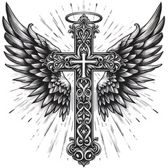 Decorative cross with angel wings radiates divine light, a symbol of faith, spirituality and angelic protection.