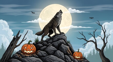 Pixelated artwork featuring a howling wolf atop a rocky peak beneath a full moon. Pumpkins and bare trees frame the scene against a twilight sky.