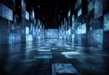 Futuristic digital data wall corridor with glowing blue holographic interface and illuminated reflective floor in a high-tech environment