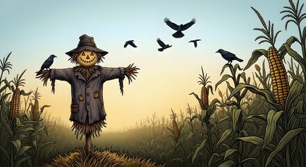 A figure stands amidst a crop field under a tranquil sky birds fly overhead. The scene exudes autumn with rich color and detail.