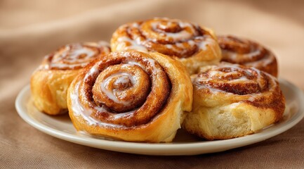 A close-up shot of several cinnamon rolls, glistening with a sweet, creamy glaze, arranged on a light beige plate atop a brown surface.  The rolls are golden brown and appear soft and fluffy