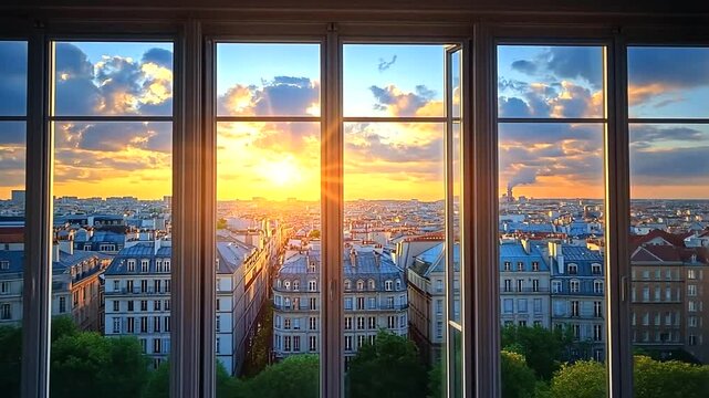 Sunrise over Paris city view from a classic window with building and sky