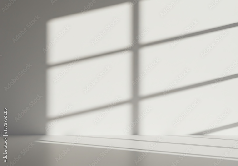 Poster interior space with natural light casting shadows from a window, creating geometric shapes.