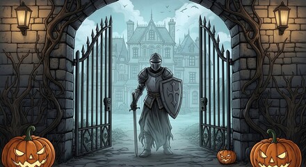 Spooky scene of a skeletal knight at an ominous gate with pumpkins and a haunted house in the background. Evening light, blue and orange hues, and a mysterious atmosphere.
