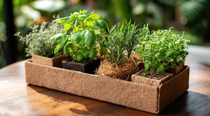 A rectangular planter box holds five small potted herbs, including basil, rosemary, thyme, and others, sitting on a wooden table outdoors in sunlight