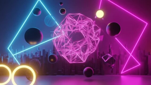 A mesmerizing futuristic footage featuring vibrant neon glow elements and sci-fi digital patterns in motion. The animation includes abstract light streaks, holographic grids, and glowing particles tha