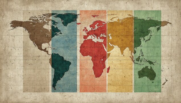 A vintage-styled world map is divided into five color-coded continental regions on a textured background