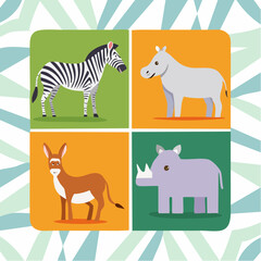 Animals collage featuring zebra, rhinoceros, and donkey cartoon characters