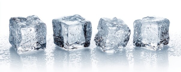 Four glistening ice cubes, wet and reflecting, sit on a white surface