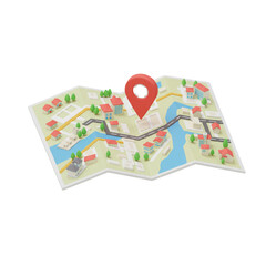 Playful 3D map with blue water bodies, roads, and colorful buildings