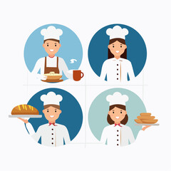 Baking crew of cheerful chefs presenting various breads